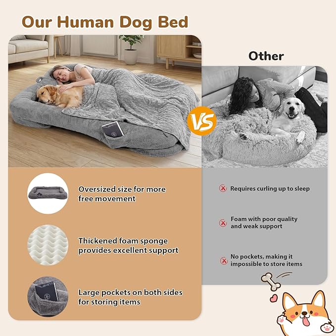 Human Dog Bed, 71 x 47 x 12 in Washable Extra Large Dog Bed for People, Giant DogBed with Storage Pockets, Silver