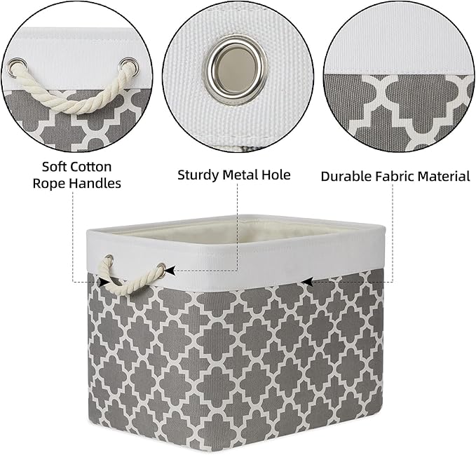Bidtakay Large Fabric Storage Basket Set of 2 Collapsible Rectangle Basket for Shelves 16" X 11.8" X 11.8" Decorative Organizer Bins for Clothes Toys(White&Quatrefoil Grey)