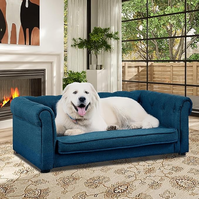 Dog Couch for Large Dogs, Elevated Durable Pet Sofa Bed, 24" W Comfortable Modern and Stylish Dog Sofa Couch with Dry Cleanable Fabric, Furniture for Medium & Large Breed (Blue)