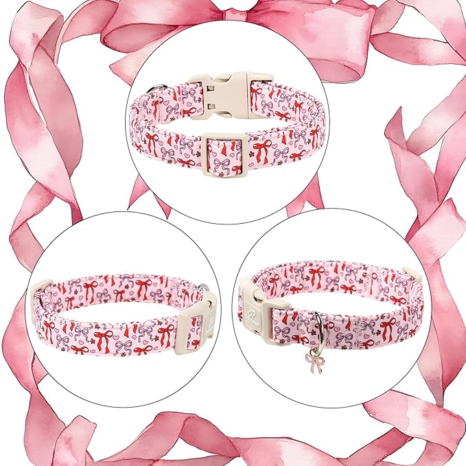 Girl Dog Collar for Small Dogs - Cute Heart Bow Print Girly Dog Collars, Soft Adjustable Spring/Summer Holiday Female Dogs Collar with Quick-Release Buckle S