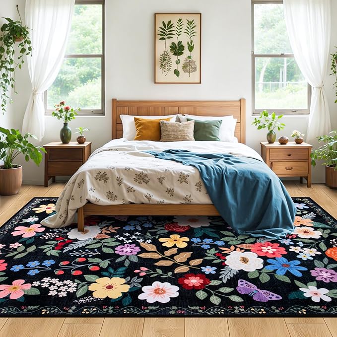 10x14 Area Rugs for Living Room: Floral Washable Rug Vintage Large Soft Boho Non-Slip Carpet Stain Resistant Low Pile Carpets for Bedroom Dining Room Farmhouse Nursery Hallway Home Office Black