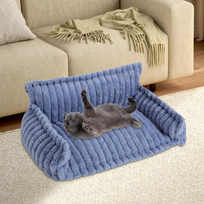Blue Plush Pet Sofa Bed for Small Dogs & Cats, Removable Washable Fluffy Couch with Pillow, Non-Slip Soft Cat Dog Bed Large Size, Modern Pet Furniture(Blue)