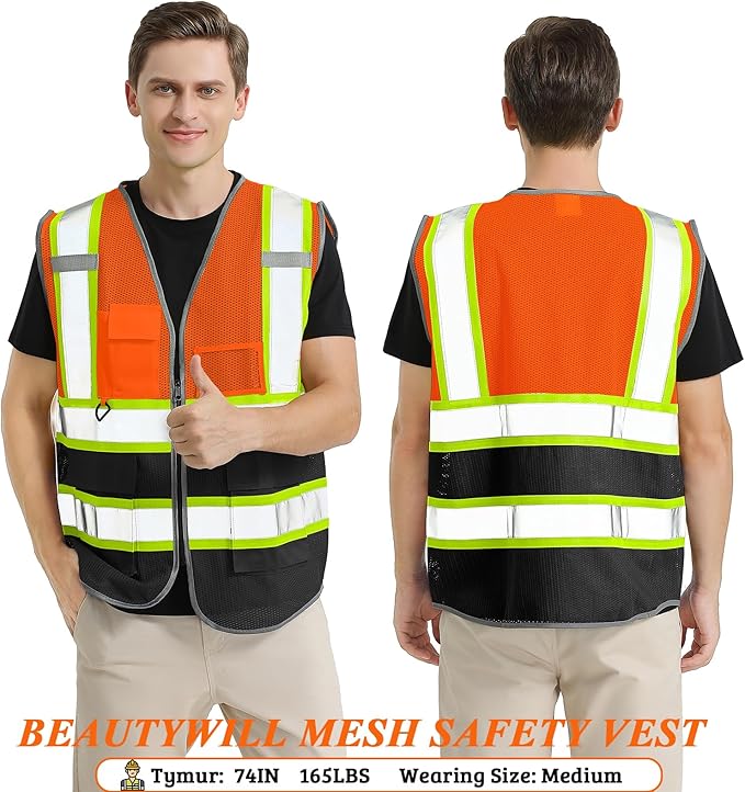 Custom Safety Vest Customized Logo Mesh Vest Class 2 High Visibility Reflective Vest with Pockets Orange Workwear（Orange Black，L ）