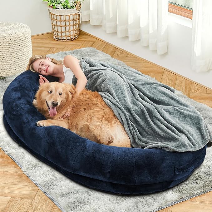 Human Dog Bed - 72"x48"x10" Large Gaint Shared Bed for Adult - Flufelbed Standard Cloud Bed for Humans and Dogs - Nap Bed Bean Bag Bed Faux Fur Fluffy Orthopedic Pet Bed Large Navy