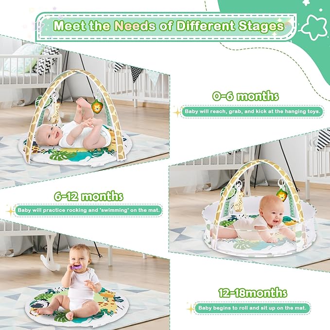 Baby Play Mat, 4-in-1 Baby Play Gym Tummy Time Mat with Ball Pit and 5 Detachable Toys for Newborn to Develop Sensory Exploration and Motor Skill 0-6-12 Months