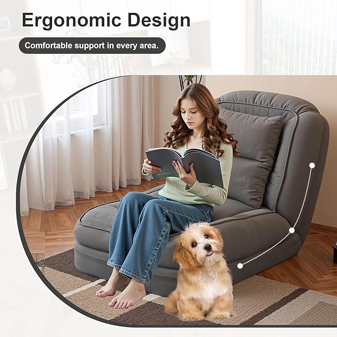 Oversized Human Dog Bed for Adult, Foldable Giant Human Pet Bed with 2 Soft Pillows, Large Sized Dog Sofa with 5 Adjustable Position for Humans, Metal Frame & Corduroy (Grey)
