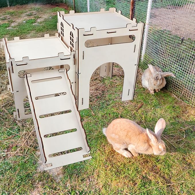 Rypet Large Wooden Rabbit Castle Bunny House, Sturdy Wood Bunny Castle with Stair, Detachable Rabbit Hideaway Breathable Small Animal Indoor Playhouse for Rabbits Hamster Guinea Pig Chinchilla Ferret
