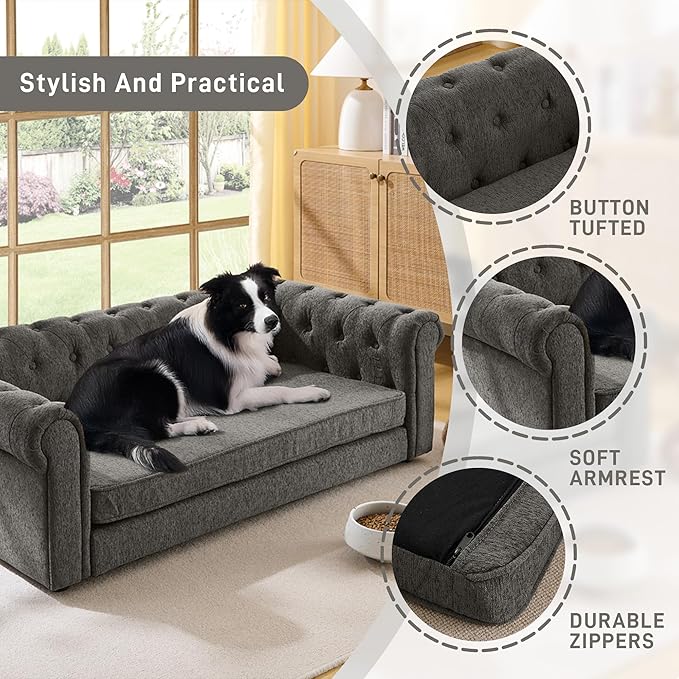 Dog Sofa Couch for Medium to Large Dogs, Memory Foam Dog Sofa Couch with Washable Fabric, Durable Elevated Pet Bed with Legs, Removable Cushion for Medium and Large Dogs, Dark Grey