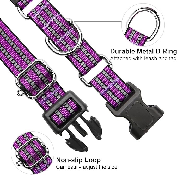 Martingale Dog Collar, Adjustable Nylon Reflective Collar with Quick Release Buckle (Real Purple, Medium)