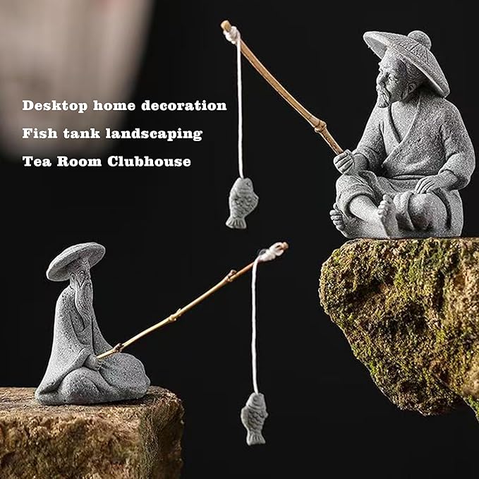 LIYAOLI Japanese Zen Fisherman Statue - Sandstone Mini Figurine for Aquarium Decor, Fish Tank Decorations, Zen Garden & Home Ornament - Asian Sitting Fishing Sculpture