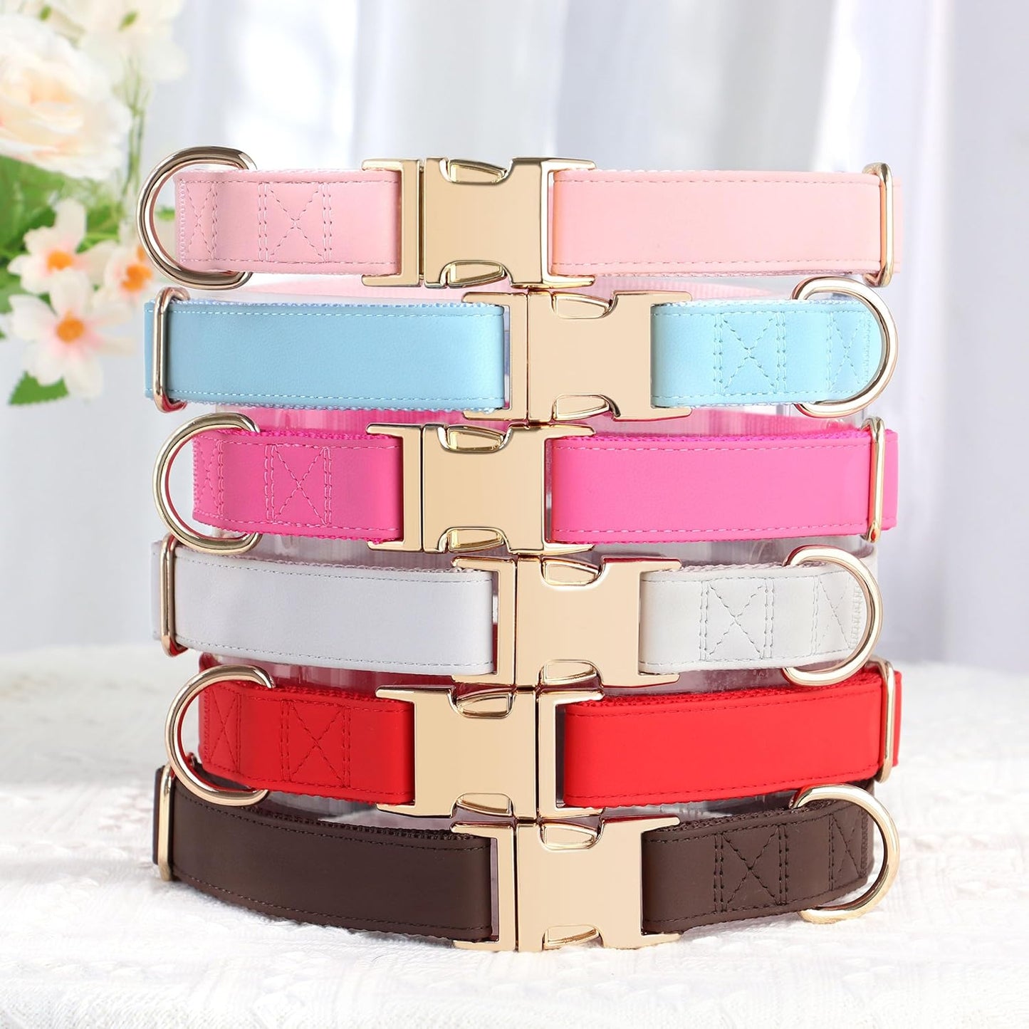 PET ARTIST Soft PU Leather Dog Collar, Bright & Classic Red Dog Collar with Quick Release Rose Metal Buckle, Adjustable Nylon Padded Durable Pet Collars for Small Dogs Girl, Neck Fit 9-14"