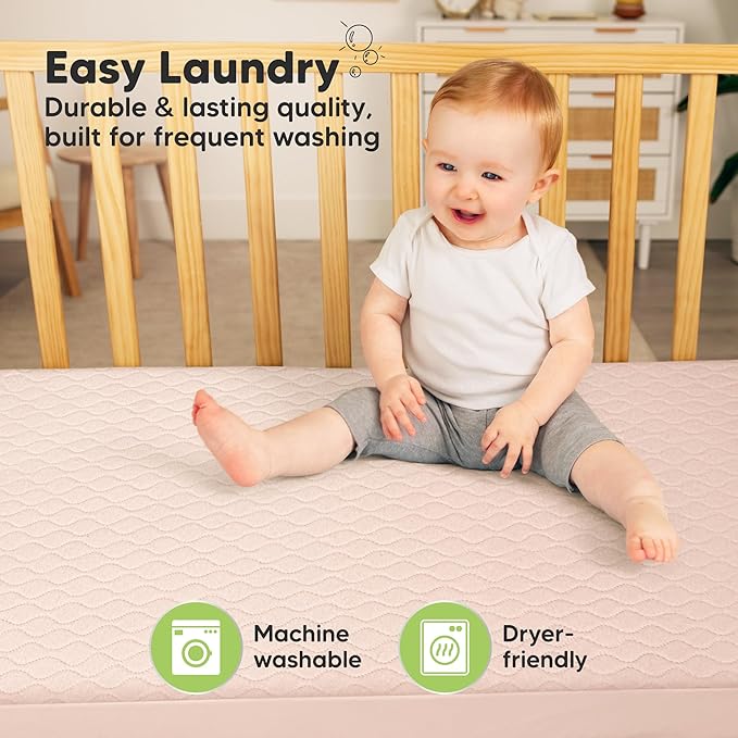 Waterproof Crib Mattress Protector Cover Fitted - 2-Pack Quiet Baby Crib Mattress Pad Sheets, 52" x 28" Soft Quilted Cotton Baby Sheet, Machine Washable, Easy Fit, Durable (Mist Rose/Mavy)