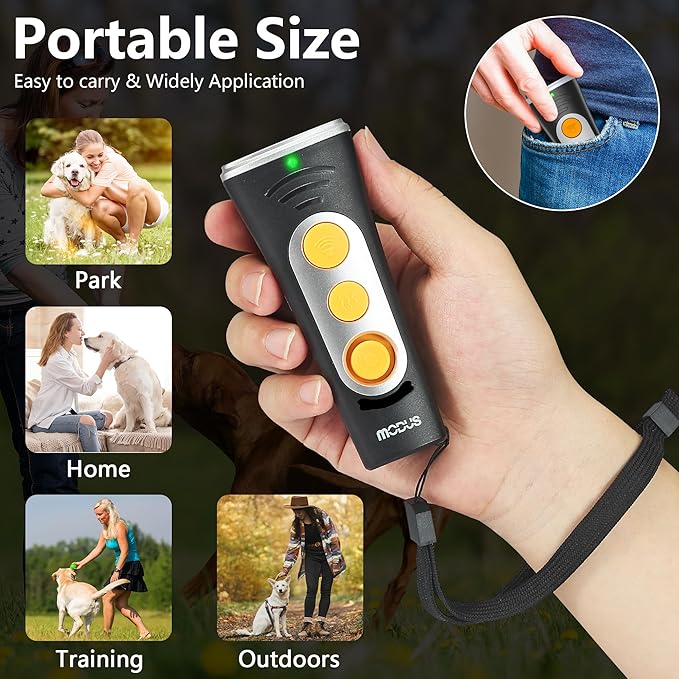 MODUS New Anti Barking Device, 4X Ultrasonic Emitters Dog Bark Deterrent Device, Rechargeable Handheld Dog Barking Control Devices Dog Training&Behavior Aids with 50ft Range Indoor Outdoor