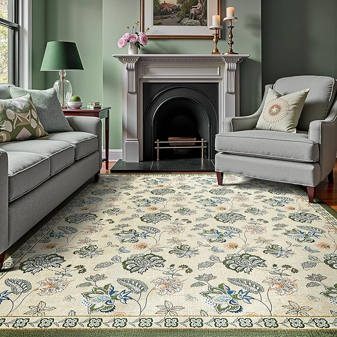 jinchan 8x10 Floral Rug for Living Room Washable Bedroom Rug Vintage Romance Design Non Slip Thin Indoor Floor Cover Large Low-Profile Throw Carpet for Dining Room Office, Green/Beige