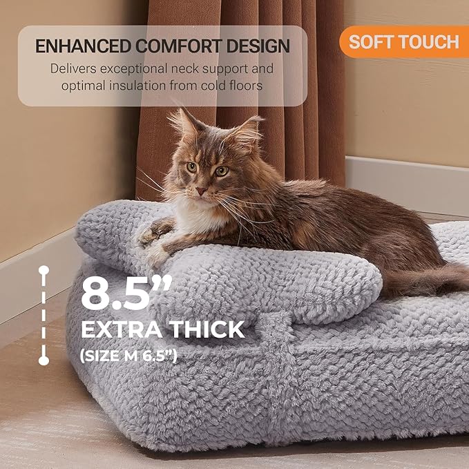 Soft Touch Faux Fur Dog Bed for Medium to Large Sized Dogs 8.5" Extra Thick, Orthopedic Pet Bed with Waterproof Liner and Washable Cover, with Removable Cute Pillow, Grey Color