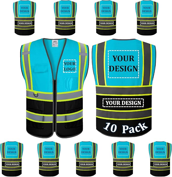10 Pack Custom Safety Vest Customized Logo Mesh Vest Class 2 High Visibility Reflective Vest with Pockets Workwear（LightBlue Black，XXL ）