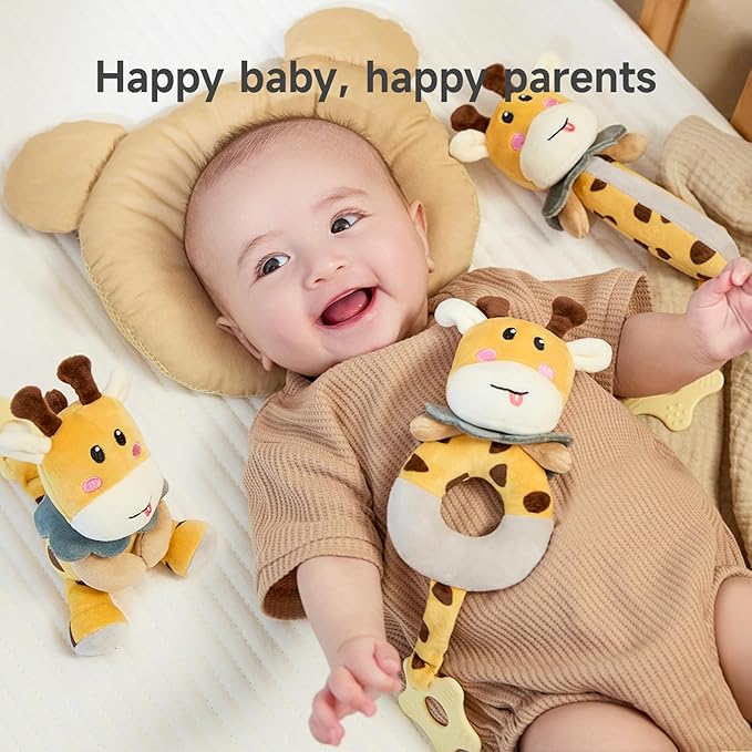 TUMAMA Baby Rattles 0-6 Months, 3 PCS Giraffe Baby Plush Rattles Sensory Toys with Teethers, Newborn Gifts for Babies 0-6 Months