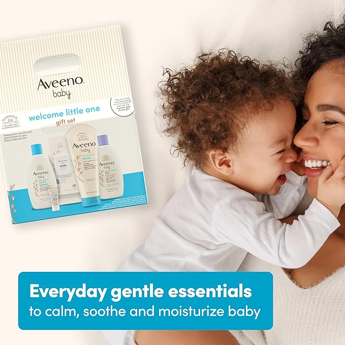 Aveeno Baby Welcome Little One Gift Set, Baby Skincare Set with Nourishing Baby Body Wash & Shampoo, Calming Bath Wash, All Over Baby Wipes, Daily Moisturizing Lotion, & Baby Balm, 5 Items