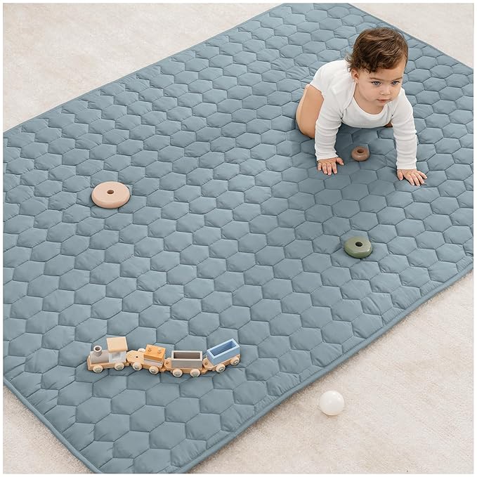 Comfy Cubs Rectangle Kids Play Mat - Medium 48 x 72 inches Soft Quilted Baby Floor Mat with Non-Slip Bottom - Plush Design for Toddlers Playtime and Relaxation - Comfortable and Durable - Pacific Blue