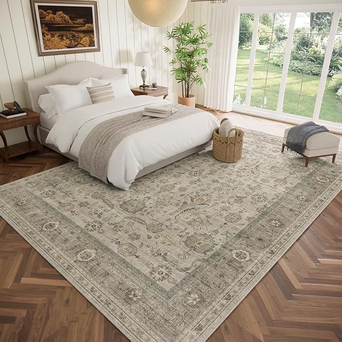 Washable 9x12 Area Rugs for Living Room, Boho Non-Slip Silicone Backing Rugs for Bedroom Dining Room Nursery Office, 0.3" Neutral Oriental Throw Carpet with 0.16" Cushioning Pad, Light Brown/Multi