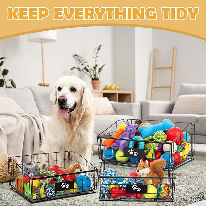 Mimorou 3 Pack Metal Dog Toy Baskets Multi-sized Foldable Dog Toy Bins Box Storage Container Organizer for Living Room Area Decorative Pet Accessories Coat Clothing Storage Holder Baskets(Black)