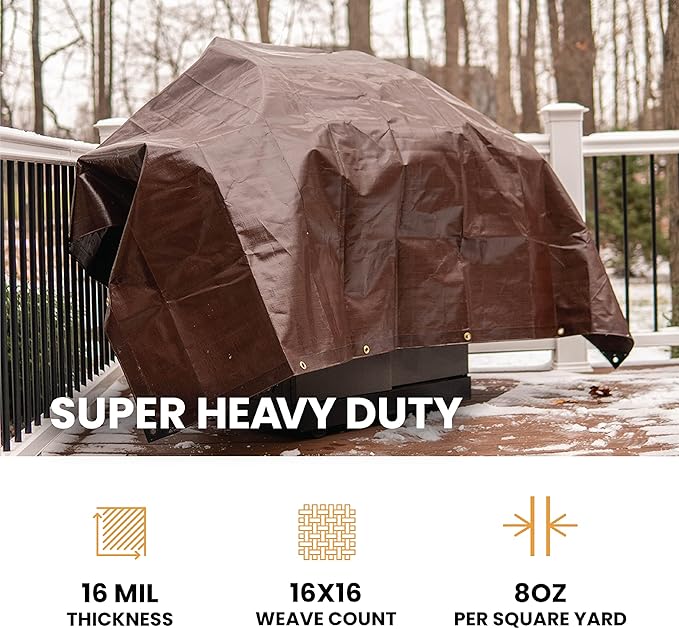 WHITEDUCK Super Heavy Duty Poly Tarp Cover 16 Mil & 10 Mil with Grommets and Reinforced Edges (Brown, White & Silver Black) (Brown- 16 Mil, 12' x 12')