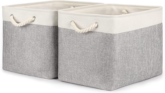 Bidtakay Storage Baskets for Organizing Large Storage Bins for Shelves 2 Pack 16x12 in Fabric Baskets for Blanket Nursery Toy Storage Collapsible Organizer Bins Closet Organizers Storage-Grey&White