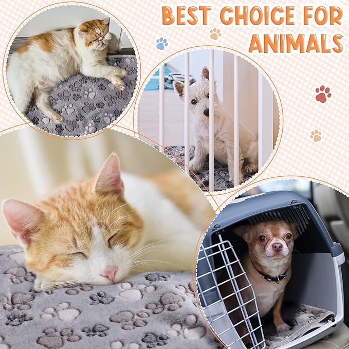 Tatuo 4 Pcs Dog Blanket for Pet Cat Blankets Indoor Puppy Teething Stuff Toys Paw Print Fleece Soft Blanket Sleep Mat for Guinea Pig Cage(Gray,Small(24 x 16 Inch),Square)