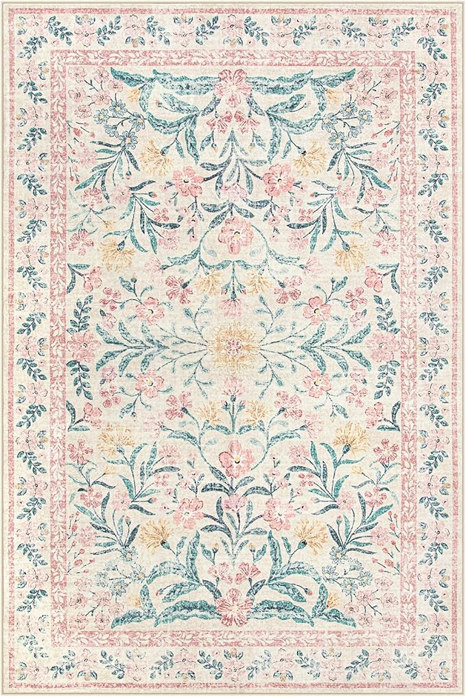 Wonnitar Washable Area Rug 6x9, Pink Floral Rugs for Bedroom Girls Soft Living Room Carpet Ultra-Thin, Boho Non Slip Non-Shedding Pastel Nursery Carpet for Kids Room Playroom Dorm