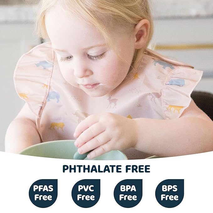 Tiny Twinkle Mess Proof Baby Bibs for Eating - Waterproof, Wipeable Bibs - Toddler Bibs - Travel Friendly - PFAS, PVC, BPA, Phthalate Free - Baby Food Bibs(3 Pack,Petite Safari)