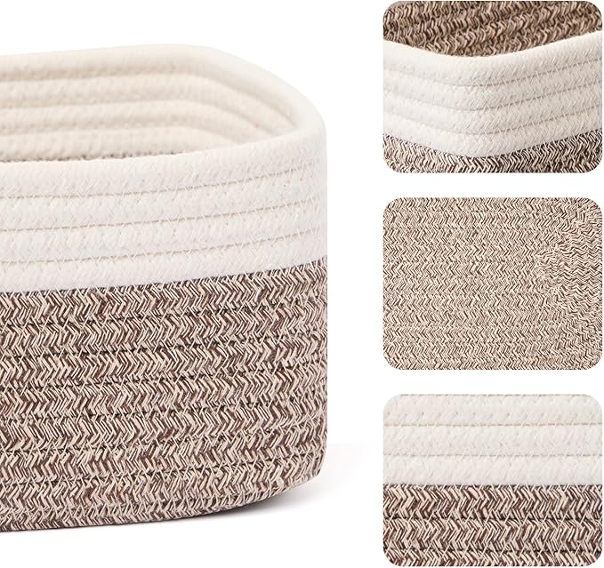Small Storage Baskets for Organizing | Closet Organizer Bins | Shelf Toy Basket | Woven Rope Baskets | Cube Decorative Box | Shallow Basket | 11.5x7.5x4.7” | 4 Packs White Brown
