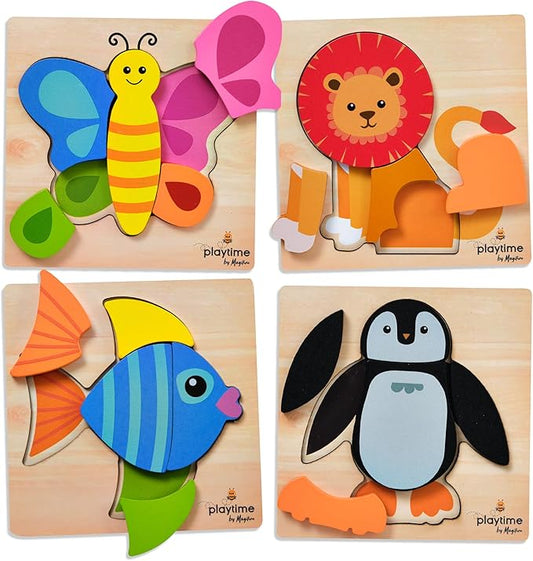 MAGIFIRE Toddler Puzzles Wooden Set of 4-4-Pack Multicolor Wood Animal Shapes with Storage Bag & Giftable Box - Wooden Puzzles for Toddlers 1-3 - Shape Recognition & Fine Motor Skills