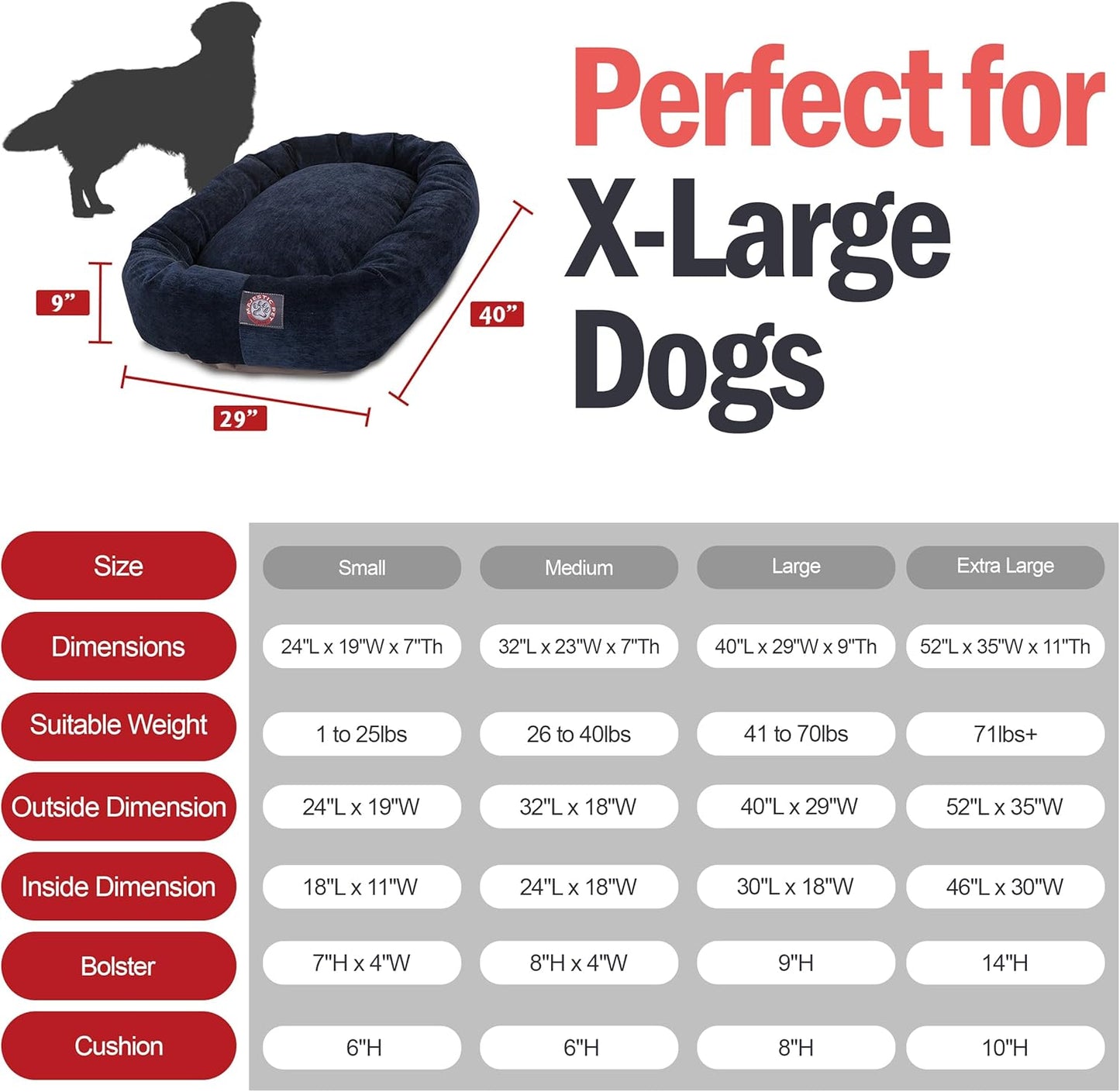 Majestic Pet 52 Inch Micro Velvet Calming Dog Bed Washable 52x35x11 (inch) – Cozy Soft Round Donut Dog Bed with Spine for Head Support -Pet Bed X- Large – Navy (2025)