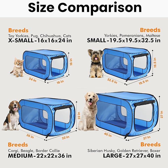 Beatrice Home Fashions Portable, Collapsible, Pop Up Kennel Travel Cat and Dog Crate, 36" L x 22" W x 22" H, Blue