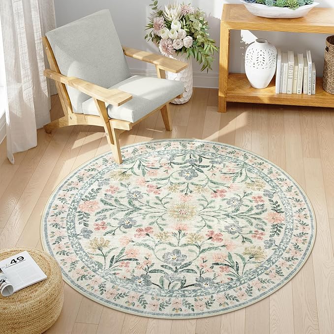Wonnitar Round Washable Rug, Soft Floral Round Rugs 5ft Circle Carpets for Bedroom Ultra-Thin, Boho Beige Print Distressed Circular Carpet for Living Room Dorm Bedside