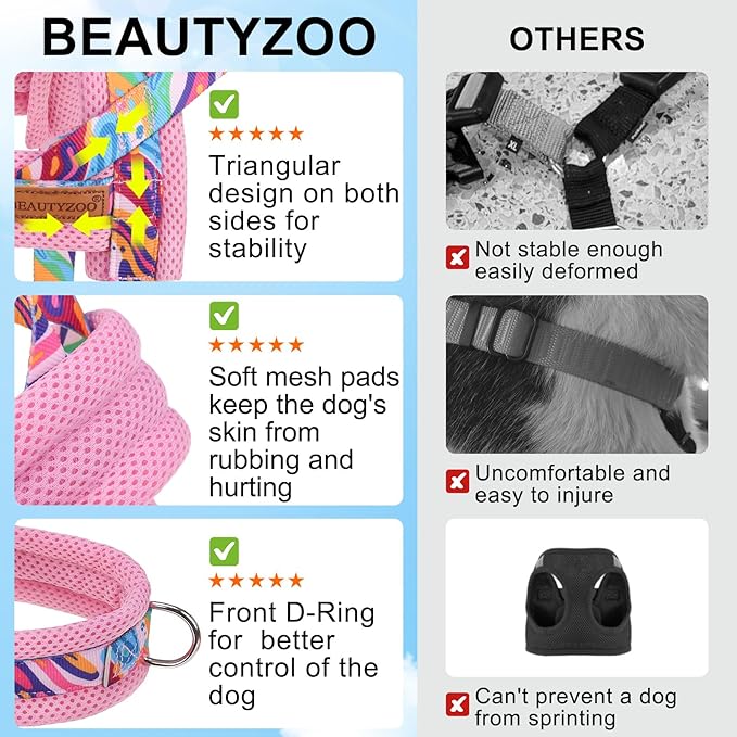 BEAUTYZOO Dog Harness for Small Dogs,No Pull Dog Harness and Leash Set,Soft Escape Proof Puppy Vest Harness with Handle,Reflective Lightweight Step in Harness for Girl Boy Dogs,Pink_Print S