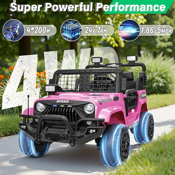 2 Seater Ride On Car Truck with Remote Control XL, Kids 24V Battery Powered Electric Vihicle w/21 in Seat, 3 Speeds, 2WD/4WD Switichable, Shock Absorbers,Bluetooth, Flower, Gift Choice