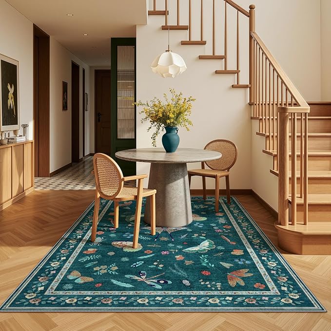3x5 Washabl Rug with Insect Print - Bug Rug Non-Shedding Stain Resistant Soft Small Carpet for Bedroom, Low Pile Ultra-Thin Machine Washable Carpet for Nursery,Entrance, Office (3'x5' Teal)