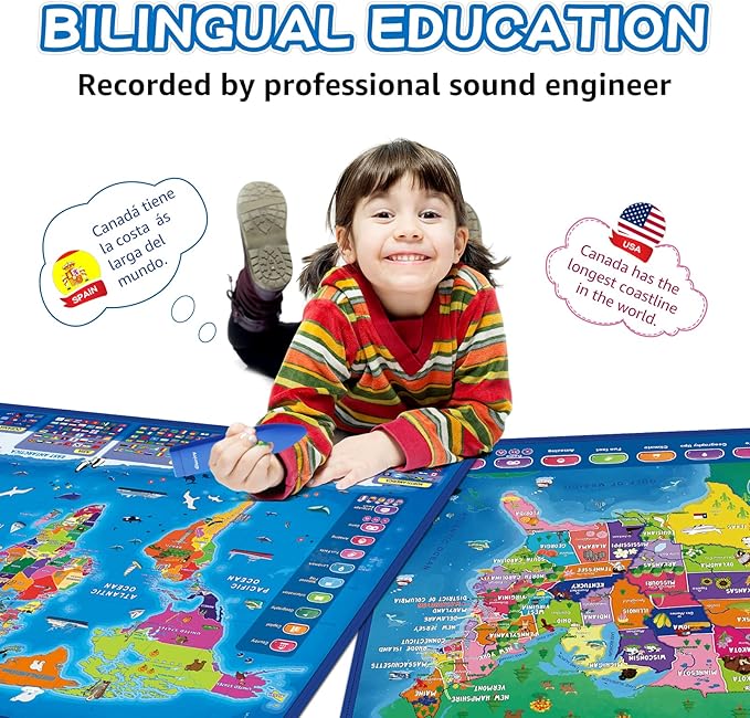 Bilingual Interactive for Kids Talking USA Map World Map for Kids Learning, Geography Toys Games Educational Electronic Map Personalized Gift/Toys for 4 5 6 7 8 9 10 Year Old Girls/Boys