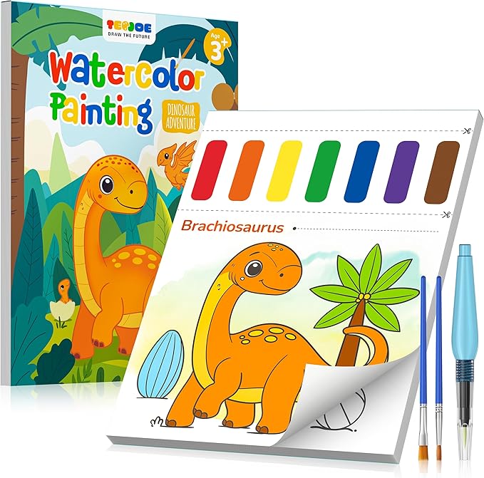 TECJOE Paint with Water Coloring Books for Toddlers, Dinosaur Series Watercolor Set with 3 Brushes, Mess Free Painting Activity for Kids Ages 4 5 6 7 8, Christmas Gifts Arts & Crafts Toy