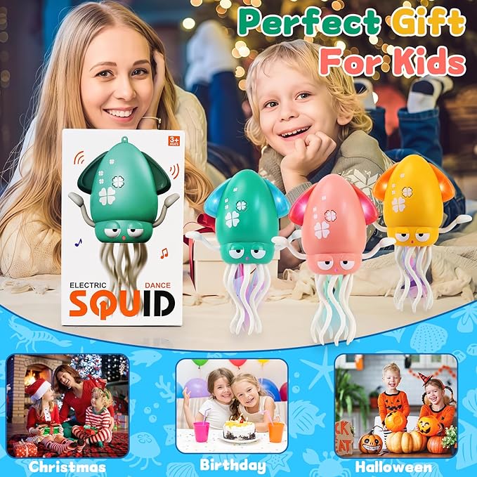 USB Rechargeable Dancing Octopus Baby Toy - Electric Crawling & Tummy Time Toy, Magical Musical Squid, Stress-Relief Desk Decor - Birthday for Kids Ages 1 2 3 4 5 6, Boys (Green)