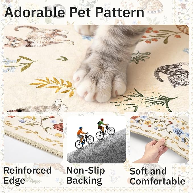 Soalmost Cat 6x9 Area Rugs for Living Room, Machine Washable Animal Floral