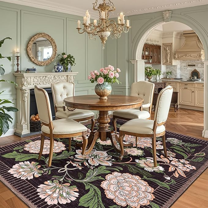GarveeHome Plum Pink Floral Botanical Washable 9x12 Area Rug for Living Room Soft Black Purple Vintage Boho Cottage Large Rugs Low Pile Carpet for Bedroom Dining Nursery Rug