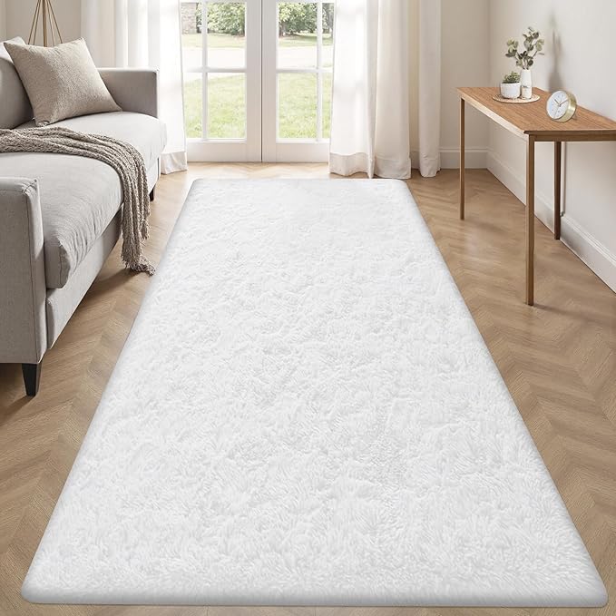 2x6 Runner Rug for Bedroom: Fluffy Shag Soft Washable Rugs Small Fuzzy Plush Indoor Carpet for Hallway Bedside Dorm Kids Girls Boys Room (White, 2'x6')