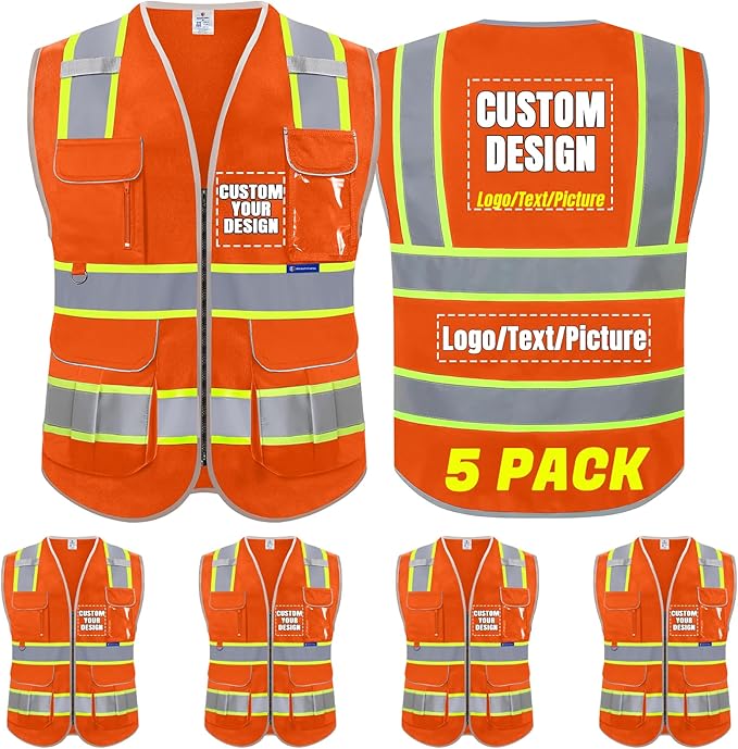 BeautyWill 5Pack Custom Logo Safety Vest 8 Pockets Class2 ANSI Certified High Visibility Reflective Vest for Men - Personalized Logo Heavy-Duty Work Vest（Orange，L）