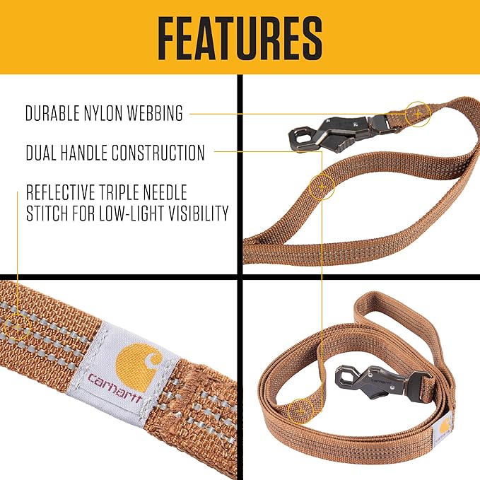 Carhartt Dual Handle Dog Leash, Durable Nylon Webbing Fabric W/Secure Metal Trigger Claw Clasp, Carhartt Brown, Large
