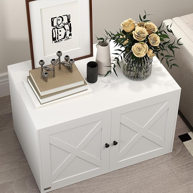 PawHut Cat Litter Box Enclosure, Hidden Litter Box Furniture with Barn Door, Cat Hole, Indoor Pet House Washroom, End Side Table, 31.5" x 21" x 20", White