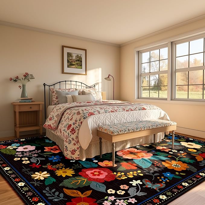 Floral 9x12 Area Rug Machine Washable Soft Print Boho Carpet Non Slip Doormat Low Pile Flower Area Rugs for Living Room Bedroom Nursery Kitchen Dining Room Indoor-Black