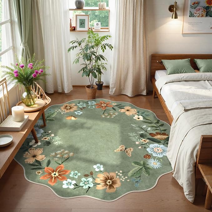 Lahome Floral Washable Round Rugs, Non-Slip Soft Round Rug 4ft Ultra-Thin