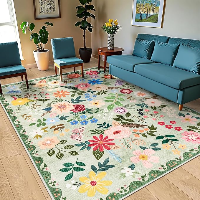 10x14 Area Rugs for Living Room: Floral Washable Rug Vintage Large Soft Boho Non-Slip Carpet Indoor Stain Resistant Low Pile Carpets for Bedroom Dining Room Farmhouse Nursery Hallway Home Office Green